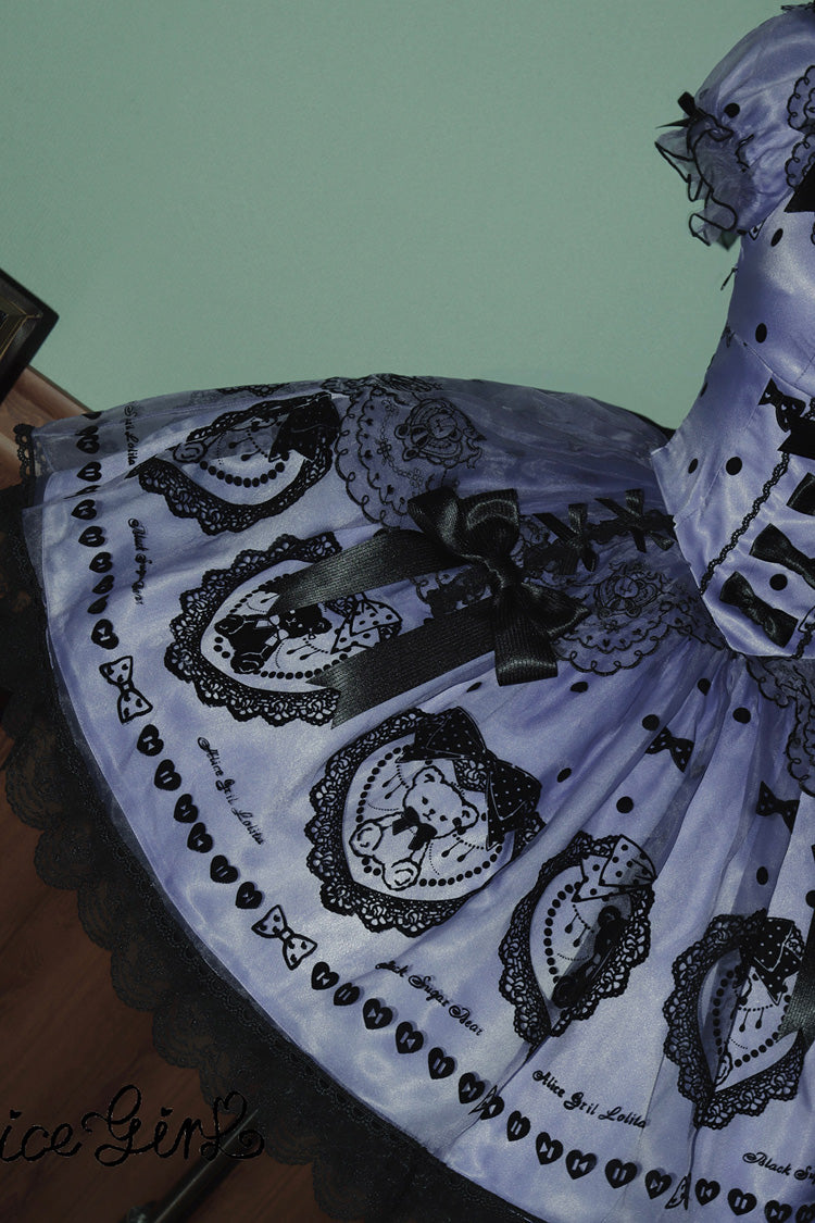 Purple [Sugar Bear] Square Collar Short Sleeves Embroidered Bow Sweet Lolita Dress (Bow Train Included) - Product - 8