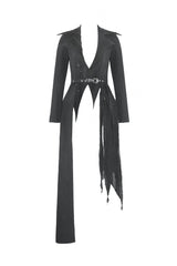 Black Peak Lapel Collar Long Sleeves Irregular Distressed Women's Gothic Punk Coat with Belt - Product - 3
