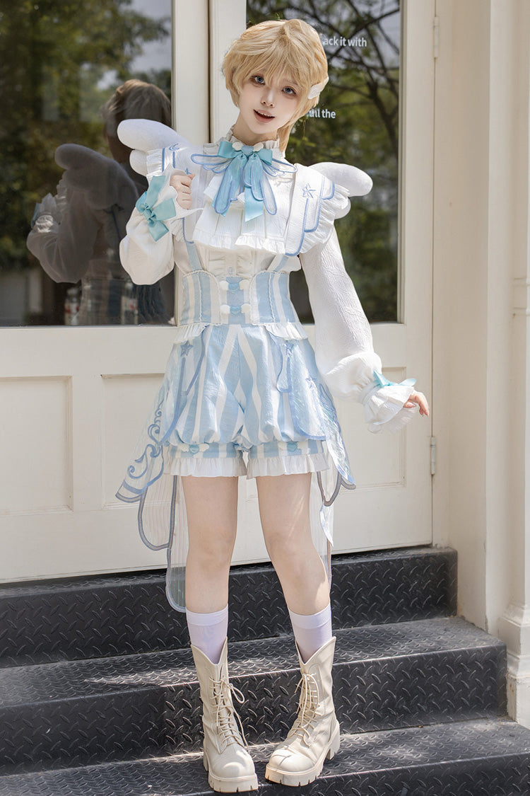 White/Blue [Angel’s Covenant] Stand Collar Long Sleeves Striped Printed Bow Gothic Ouji Lolita Suspender Shorts Set - Product - 10