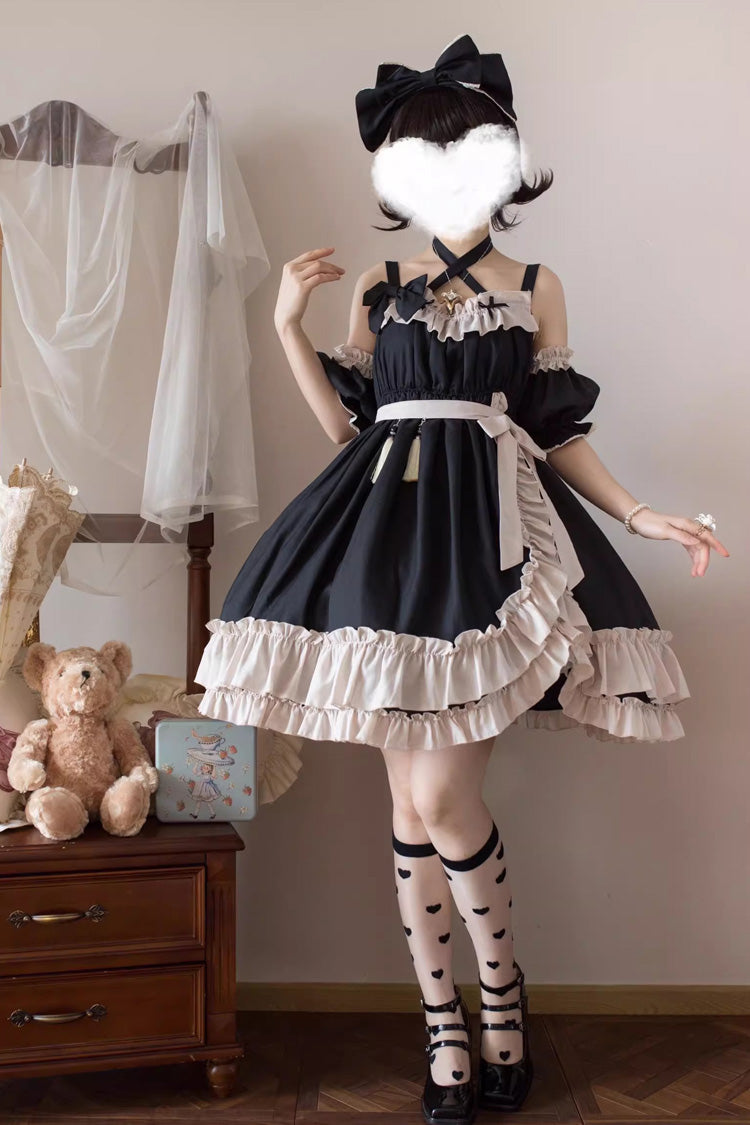 Black [Monet Estate] Sleeveless High Waisted Ruffle Bowknot Asymmetric Gothic Lolita Jsk Dress - Product - 2
