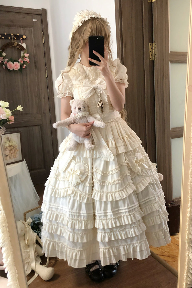 Apricot [Heart In Love] Multi-Layered Ruffled Bow Sweet Lolita Jsk Dress - Apricot - 1
