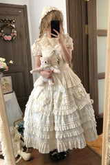 Apricot [Heart In Love] Multi-Layered Ruffled Bow Sweet Lolita Jsk Dress - Apricot - 1