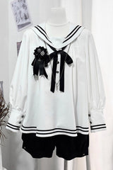 Black/White [Old Stories] Navy Collar Long Sleeves Bowknot Ouji Gothic Lolita Blouse Shorts Set - Product - 11