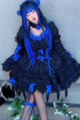 Black/Blue Puff Short Sleeves Princess Gothic Lolita Tiered Dress - Product - 6