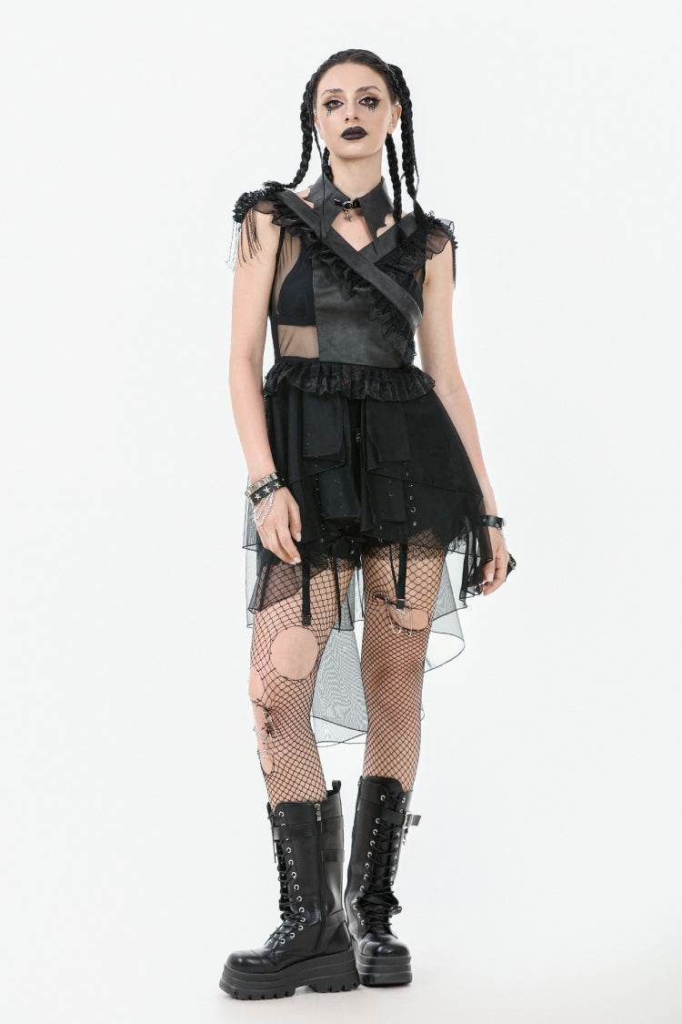 Black V Collar Sleeveless Multi-Layered Ruffled Sheer Mesh Women's Punk Dress - Black - 1