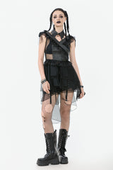 Black V Collar Sleeveless Multi-Layered Ruffled Sheer Mesh Women's Punk Dress - Black - 1