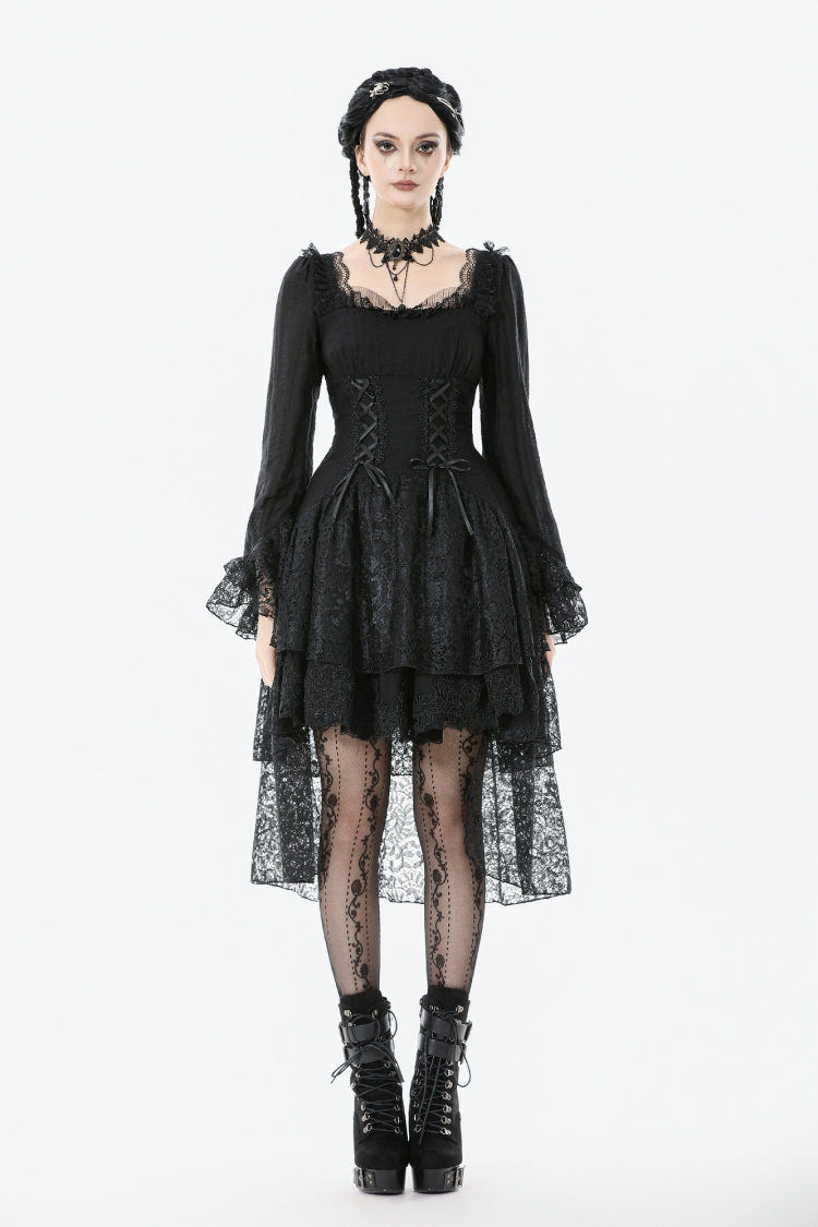 Black Square Collar Long Trumpet Sleeves Lace Lace-Up Multi-Layered High-Low Women's Gothic Dress - Product - 5