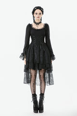 Black Square Collar Long Trumpet Sleeves Lace Lace-Up Multi-Layered High-Low Women's Gothic Dress - Product - 5