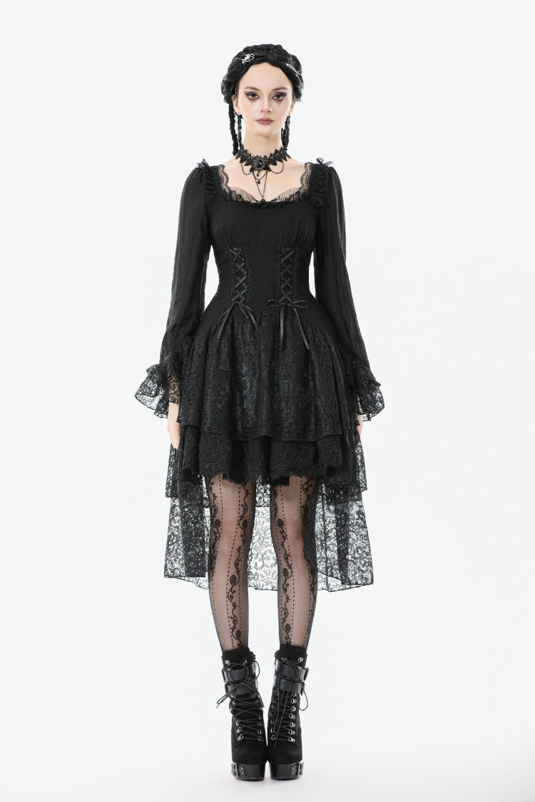 Black Square Collar Long Trumpet Sleeves Lace Lace-Up Multi-Layered High-Low Women's Gothic Dress - Product - 5