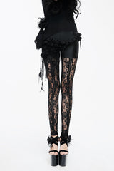 Black Knitted Base Cloth Rose Flower Net Material Asymmetric Lace Hip Transparent Women's Gothic Leggings - Black - 1