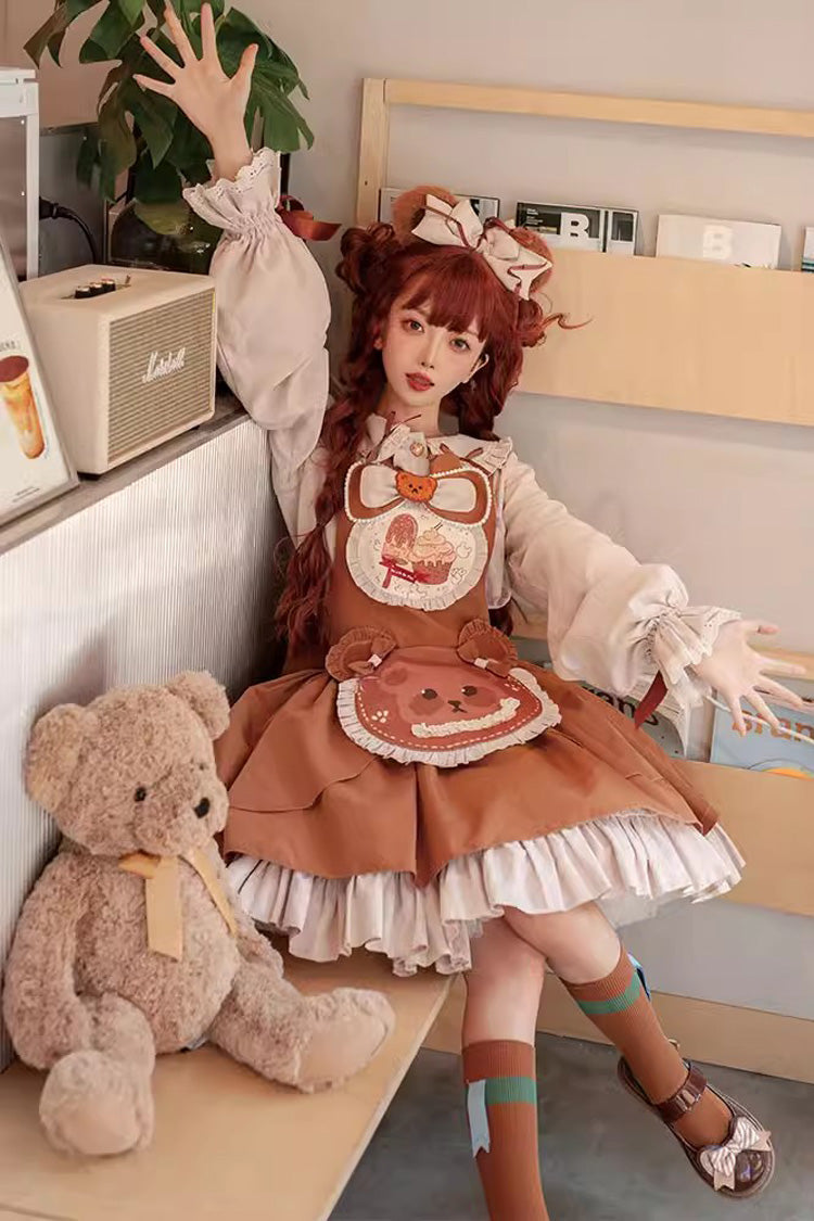 Brown Cookie Bear Multi-layer Print Ruffle Bowknot Sweet Lolita Dress - Product - 6