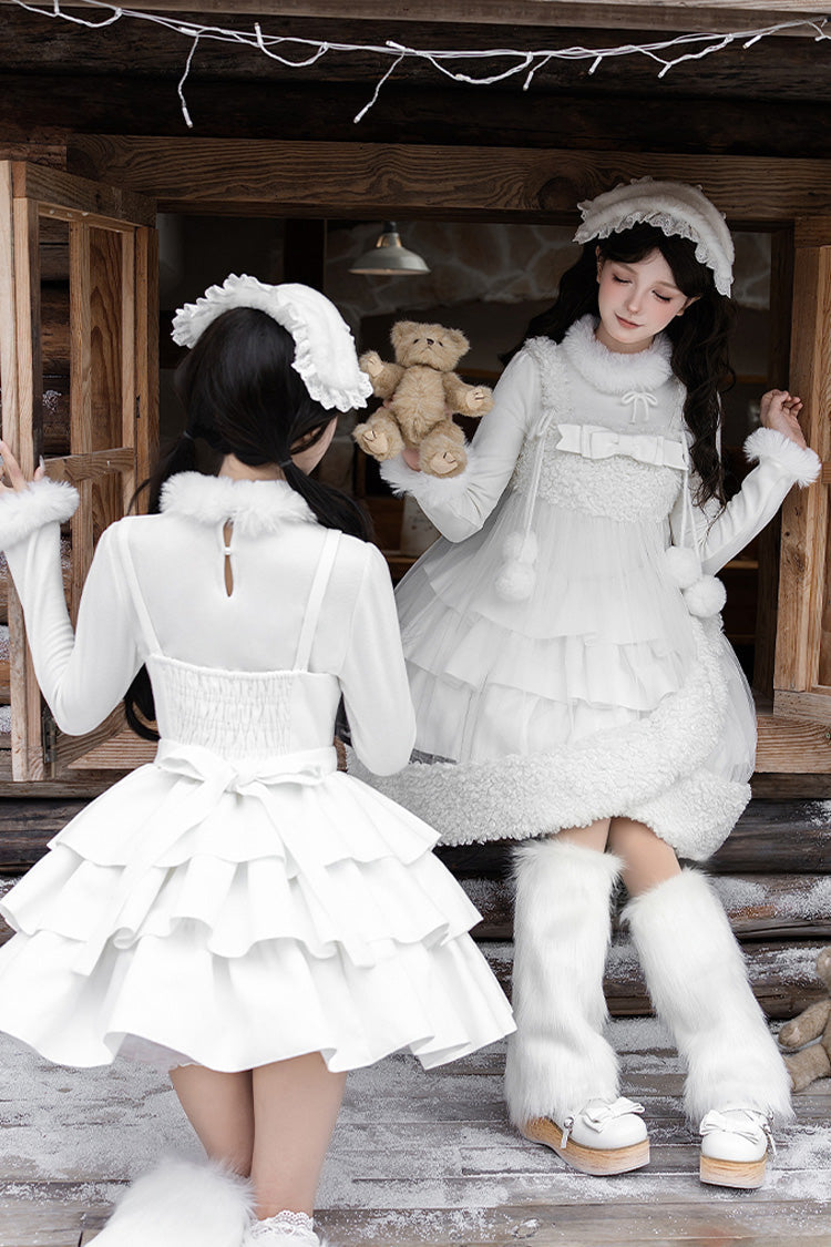 [White Chocolate] Triple-Layered Ruffle Bowknot Sweet Lolita Jsk Dress Set - Product - 10