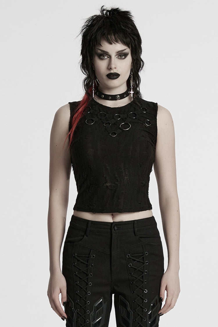Black Sleeveless Strap Stitching Ripped Women's Punk Vest - Black - 1