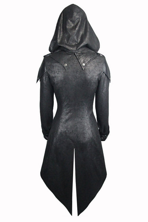 Black Punk Burnt Out Applique Hooded Womens Leather Coat - Product - 6