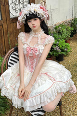 White/Pink Secret Garden Multi-layer Ruffle Bowknot Lace-Up Sweet Princess Lolita Jsk Dress - Product - 7