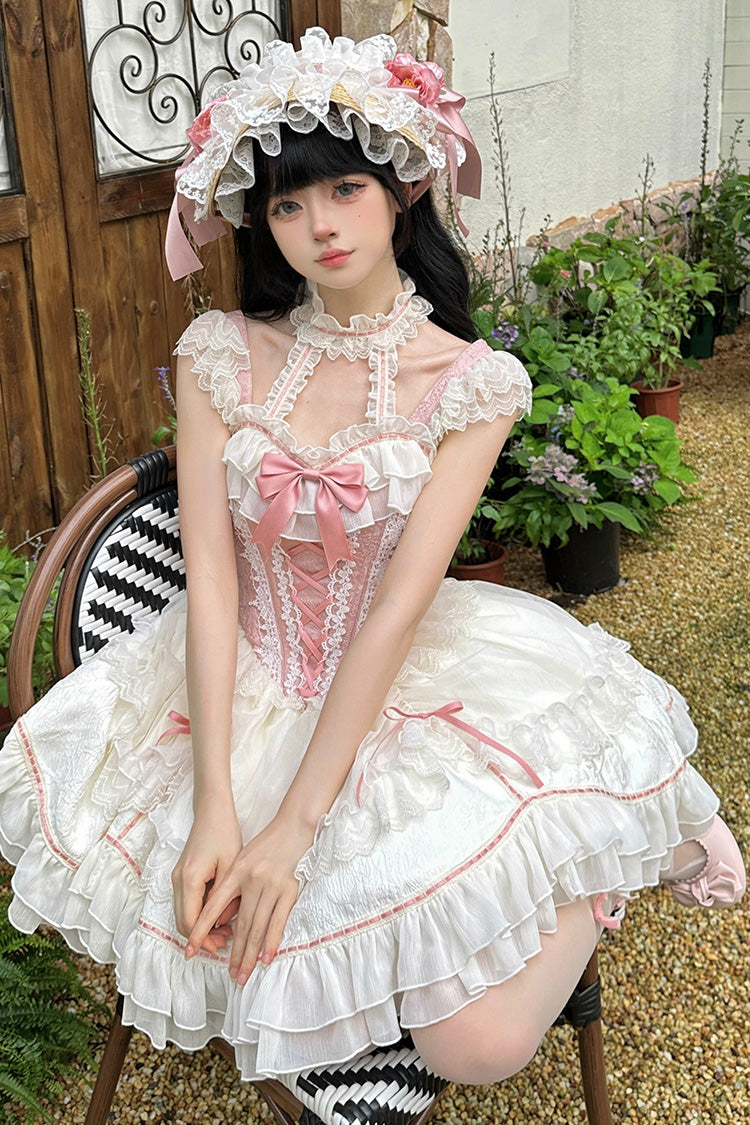 White/Pink Secret Garden Multi-layer Ruffle Bowknot Lace-Up Sweet Princess Lolita Jsk Dress - Product - 7
