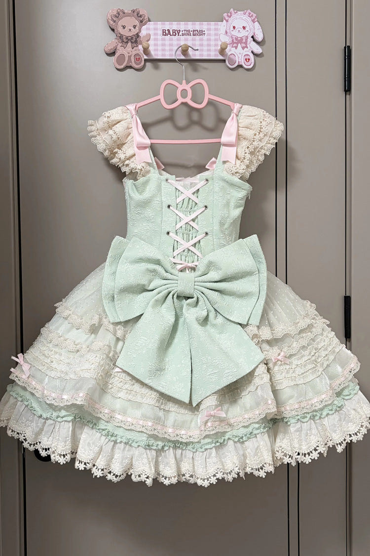 [Wind Chime Poem] Square Collar Flutter Sleeves Triple-Layered Printed Ruffled Bow Sweet Lolita Jsk Dress 4 Colors (Blue, Pink, Purple, Green) - Product - 23