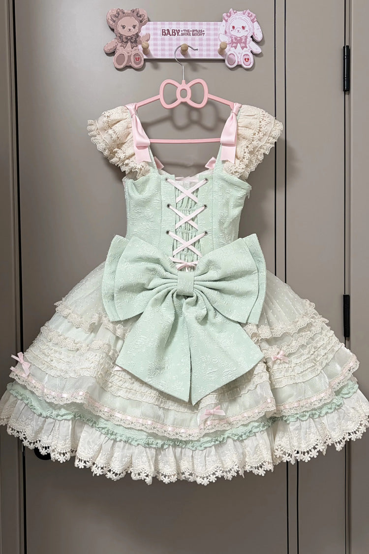 [Wind Chime Poem] Square Collar Flutter Sleeves Triple-Layered Printed Ruffled Bow Sweet Lolita Jsk Dress 4 Colors (Blue, Pink, Purple, Green) - Product - 23