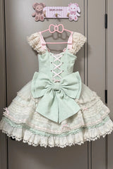 [Wind Chime Poem] Square Collar Flutter Sleeves Triple-Layered Printed Ruffled Bow Sweet Lolita Jsk Dress 4 Colors (Blue, Pink, Purple, Green) - Product - 23