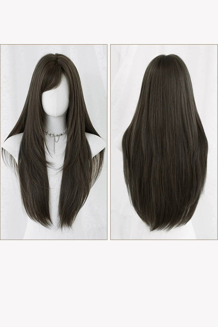 Cool Brown Natural Fluffy Long Layered Straight Sweet Lolita Wig with Air Bangs - Product - 8