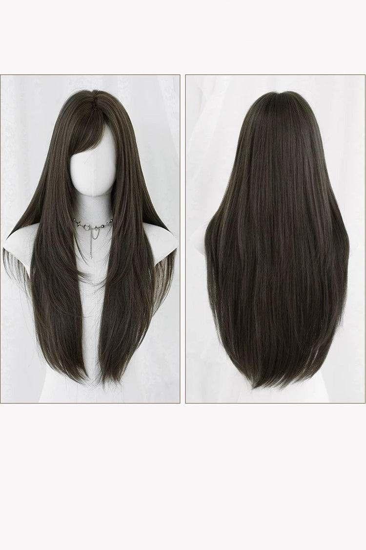 Cool Brown Natural Fluffy Long Layered Straight Sweet Lolita Wig with Air Bangs - Product - 8