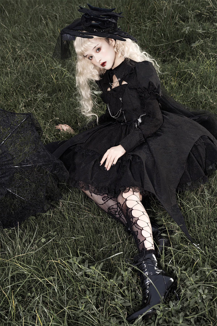 Black Dark Night Law Long Sleeves High Waisted Cardigan Bowknot Lace Gothic Lolita Dress - Product - 6