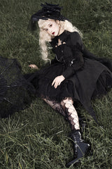 Black Dark Night Law Long Sleeves High Waisted Cardigan Bowknot Lace Gothic Lolita Dress - Product - 6
