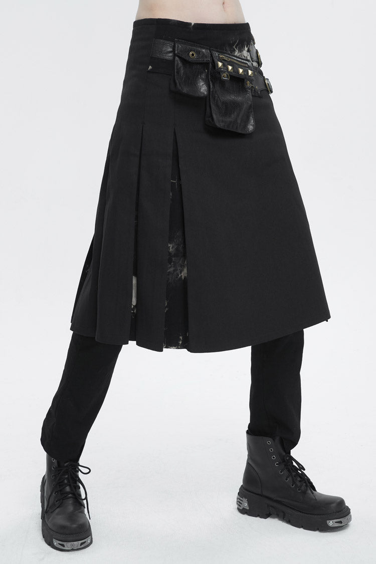 Black Tie-Dye Patchwork With Waist Bag Men's Gothic Skirt - Product - 2