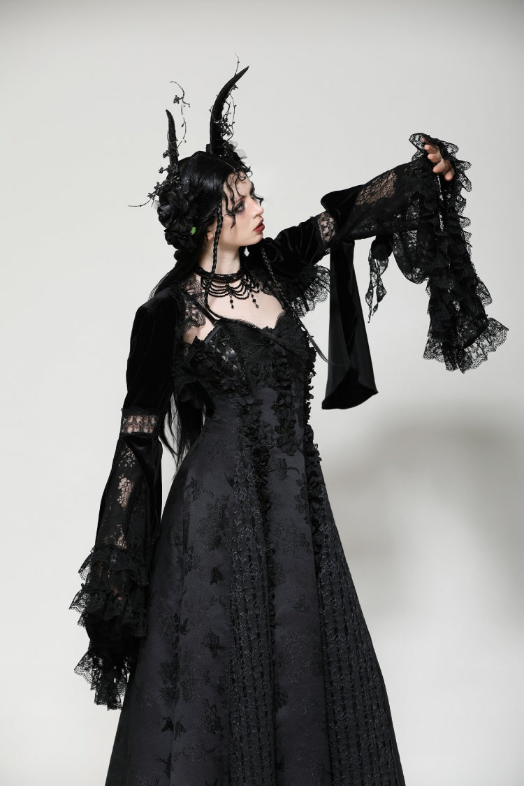 Black Long Puff Flared Sleeves Ruffled Lace Spliced Velvet Women's Gothic Cape - Product - 12