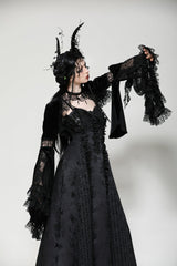 Black Long Puff Flared Sleeves Ruffled Lace Spliced Velvet Women's Gothic Cape - Product - 12