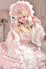 Pink [Ten Miles of Peach Blossoms] Sleeveless Multi-Layered Ruffle Embroidery Cardigan Bowknot Lace Pearl Sweet Gorgeous Lolita Jsk Dress - Product - 4