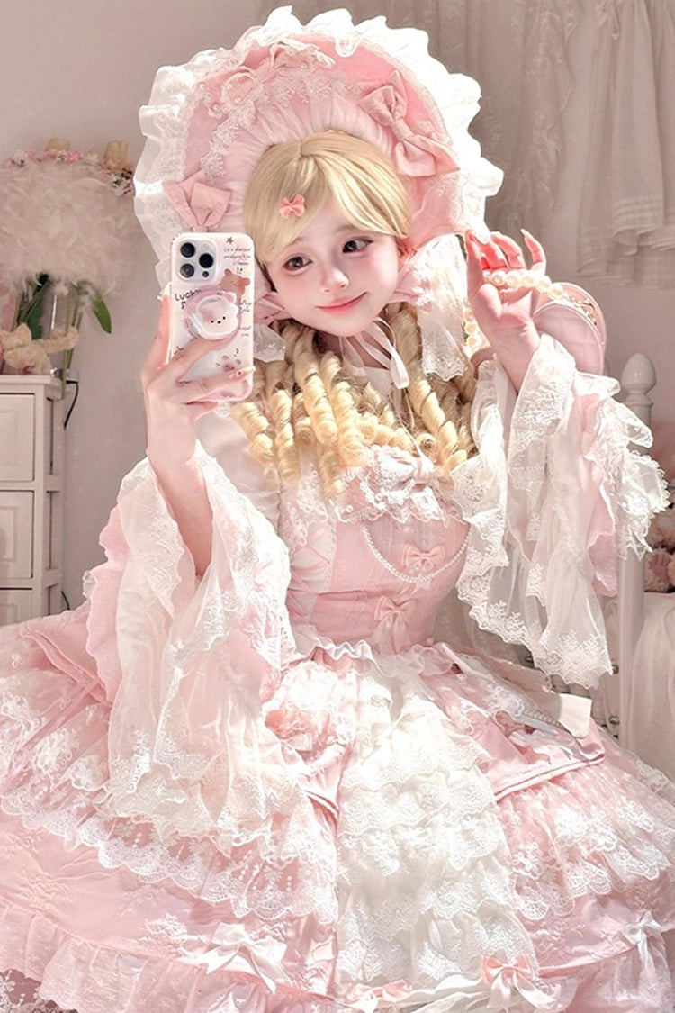 Pink [Ten Miles of Peach Blossoms] Sleeveless Multi-Layered Ruffle Embroidery Cardigan Bowknot Lace Pearl Sweet Gorgeous Lolita Jsk Dress - Product - 4