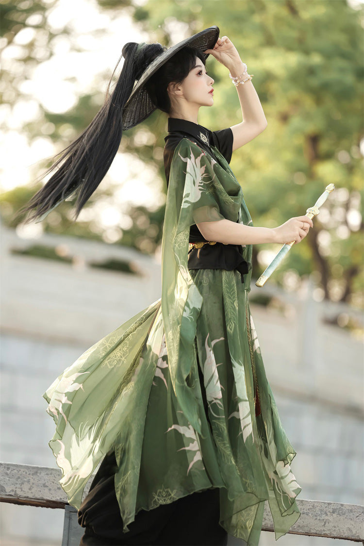 Black/Green Lapel Collar Short Sleeves Embroidered Sweet Chinese Inspired Wuxia Style Ouji Hanfu Pants Set - Product - 6