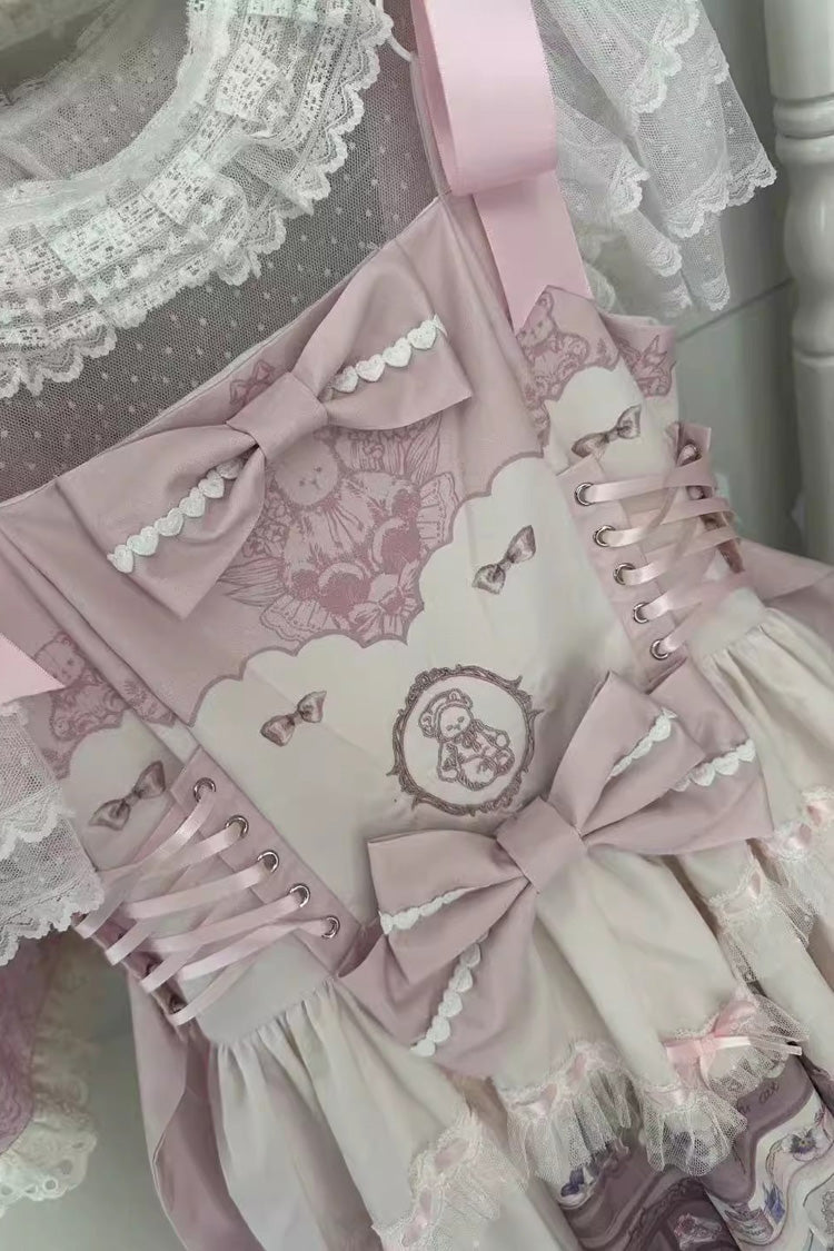 Pink [Little Bear Shop] Print Sleeveless Bowknot Lace Sweet Princess Lolita Jsk and Strap Dress - Product - 2