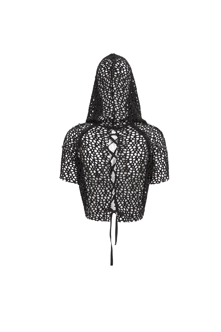 Black Cutout Hood Irregular Hem Aluminium Chain On Shoulder Short Sleeve Women's Punk T-Shirt - Product - 8