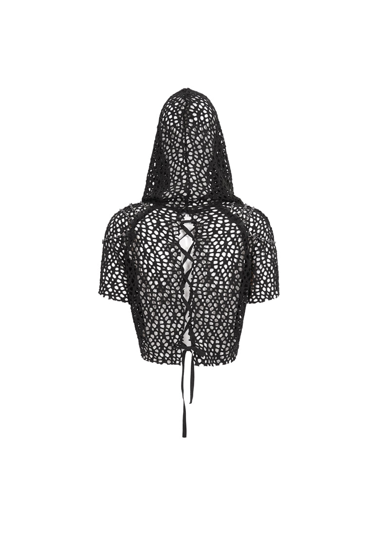 Black Cutout Hood Irregular Hem Aluminium Chain On Shoulder Short Sleeve Women's Punk T-Shirt - Product - 8