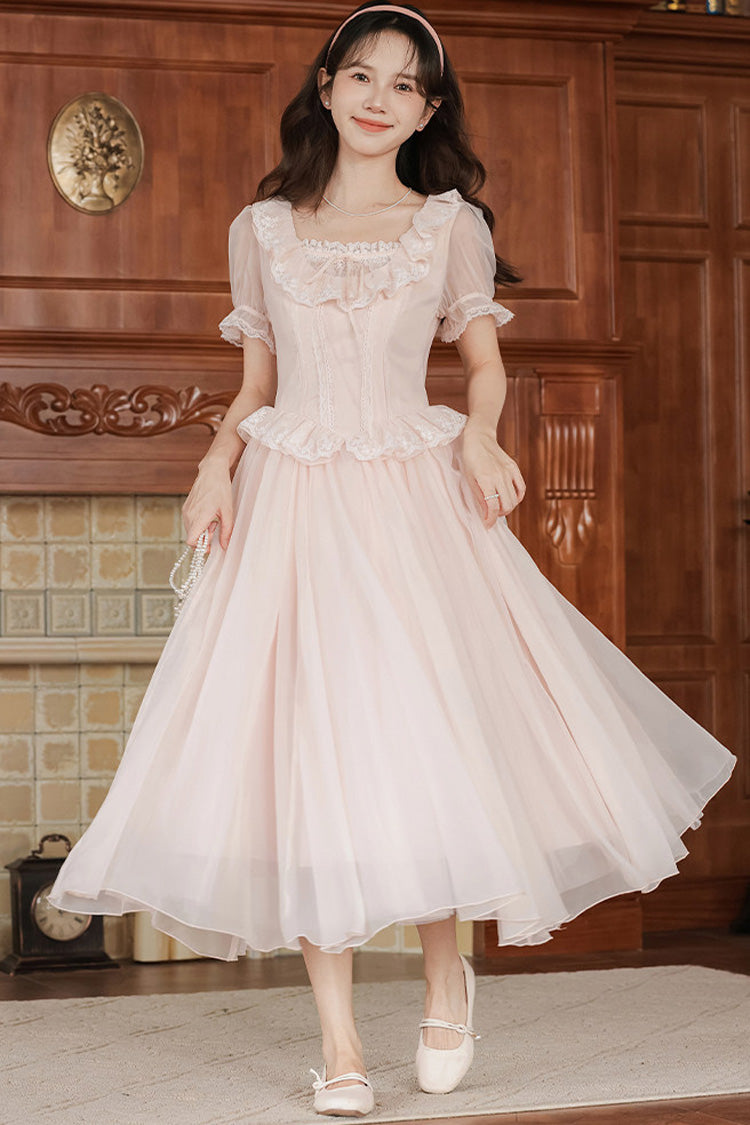 Pink Square Collar Short Puff Sleeves Ruffled Embroidered Lace French Style Sweet Lolita Dress - Pink - 1