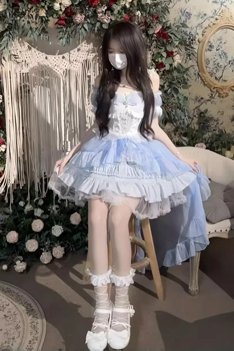 White Sleeveless Multi-layer Ruffle Bowknot Sweet Lolita Jsk Dress - Blue - 6