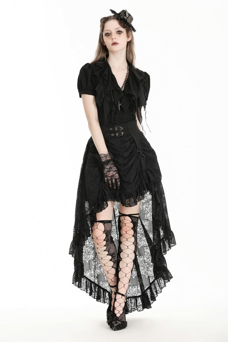 Black Women's Gothic Princess High Waisted Lace Lace-Up Buckled High/Low Tail Hem Maxi Skirt - Product - 8