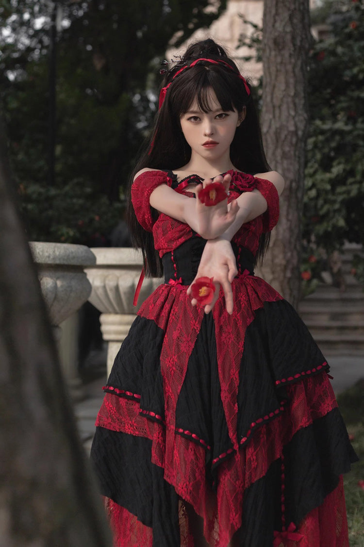Red/Black Sleeveless High Waisted Print Irregular Gothic Lolita Jsk Dress - Product - 5