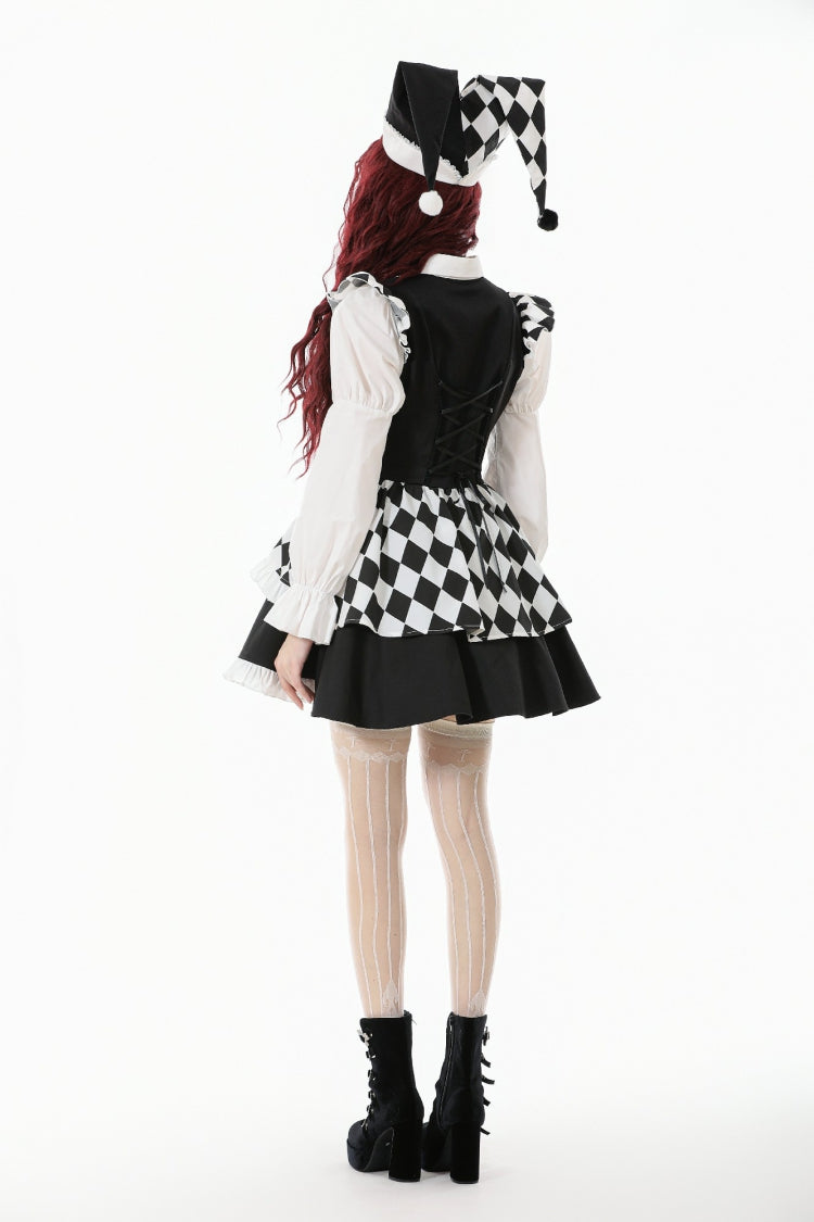 Black/White Harlequin Sharp Point Collar Long Puff Sleeves Women's Lolita Gothic Dress - Product - 4
