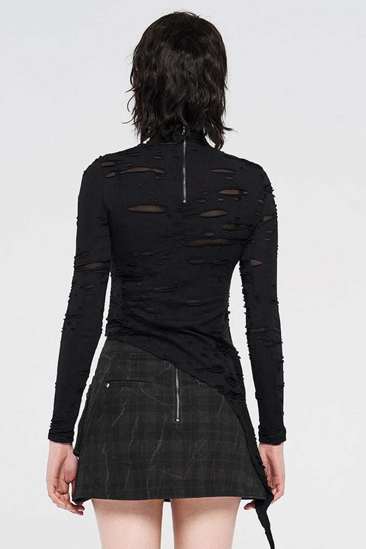 Black Long Sleeve High Collar Front Chest Hollow Out Strap Irregular Hem Broken Holes Splice Mesh Women's Punk T-Shirt - Product - 3