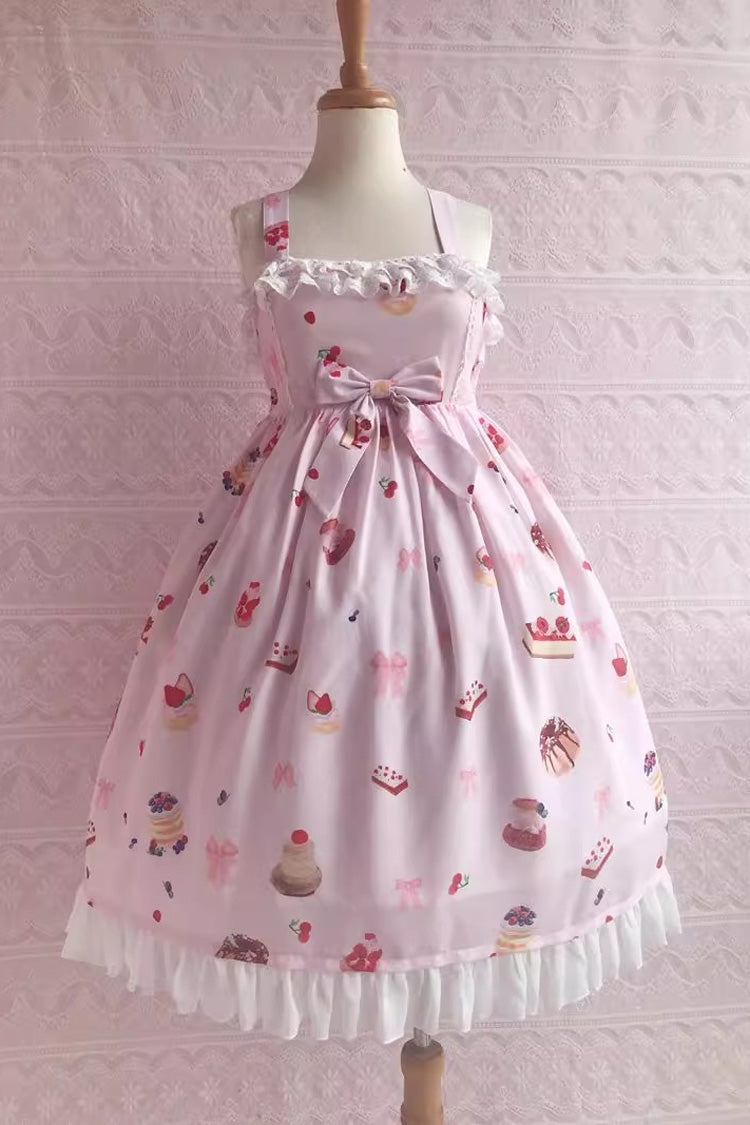 Strawberry Fruit Dessert Print Ruffle Bowknot Lace Sweet Lolita Jsk Dress 5 Colors - Pink - 8