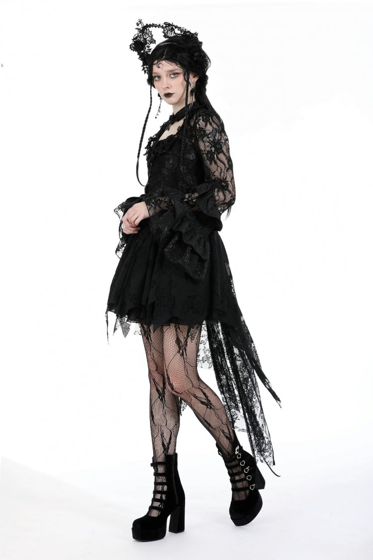 Black Multi-Layered Long Trumpet Sleeves Lace Lace-Up Women's Gothic Top - Product - 11