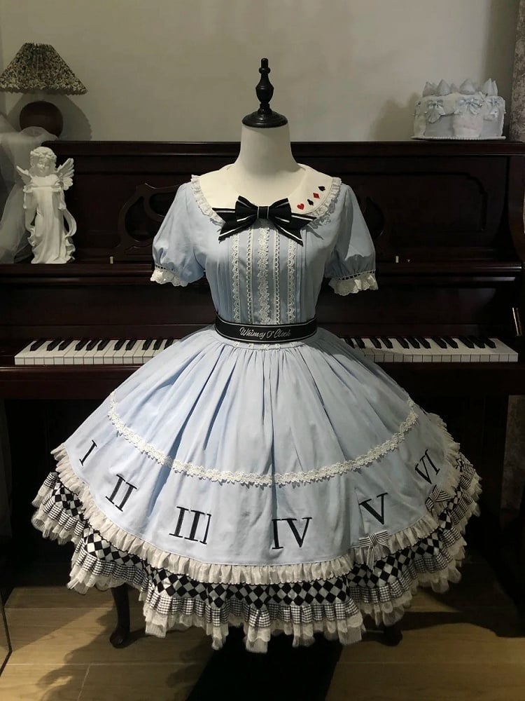 Blue & White Alice in Wonderland Sweet Lolita Dress + Apron detail view 5
