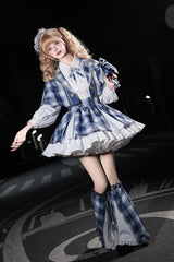 Blue [Little Starlight Idol] Lapel Collar Long Sleeves Double-Layered Printed Ruffled Bow Sweet Japanese Lolita Skirt Set - Product - 4