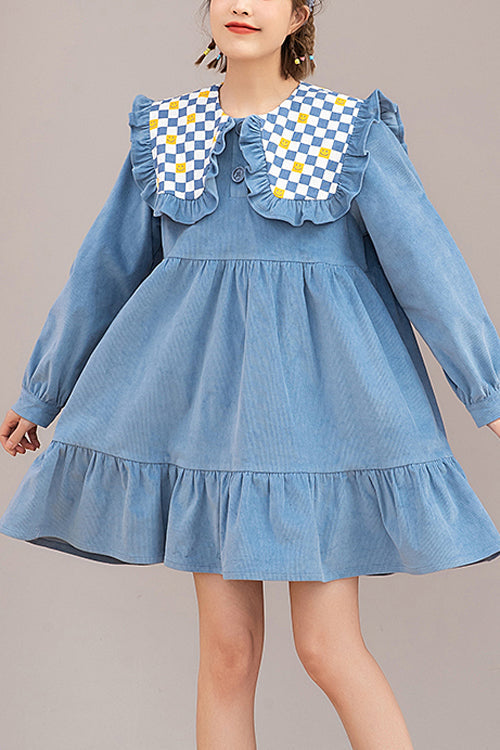 Blue Plaid Print Doll Collar Long Sleeves Ruffled Corduroy Sweet Lolita OP Dress - Blue - 1