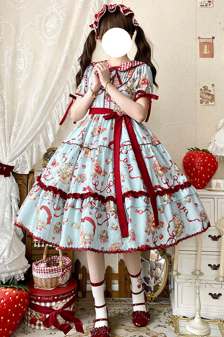 [Bear's Strawberry Garden] Lapel Collar Short Sleeves Print Bowknot Sweet Lolita Dress 4 Colors - Product - 7