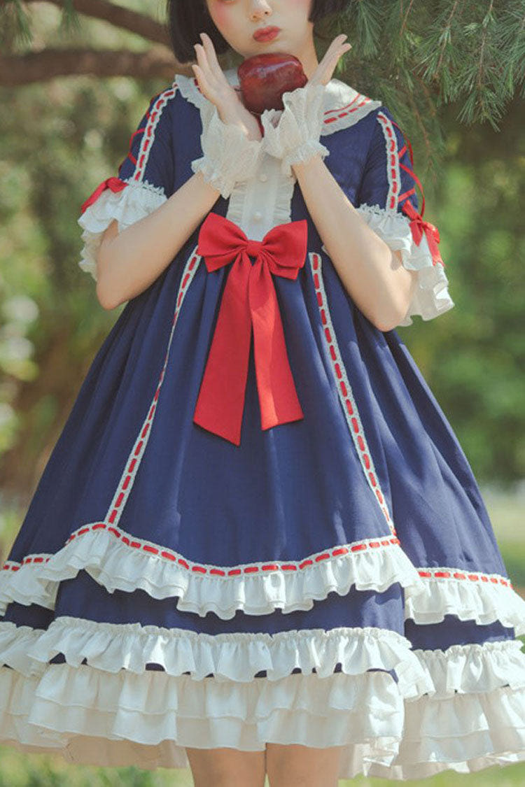 Dark Blue Short Sleeves Hime Sleeves Bowknot Multi-Layer Classic Lolita Jsk Dress - blue - 1