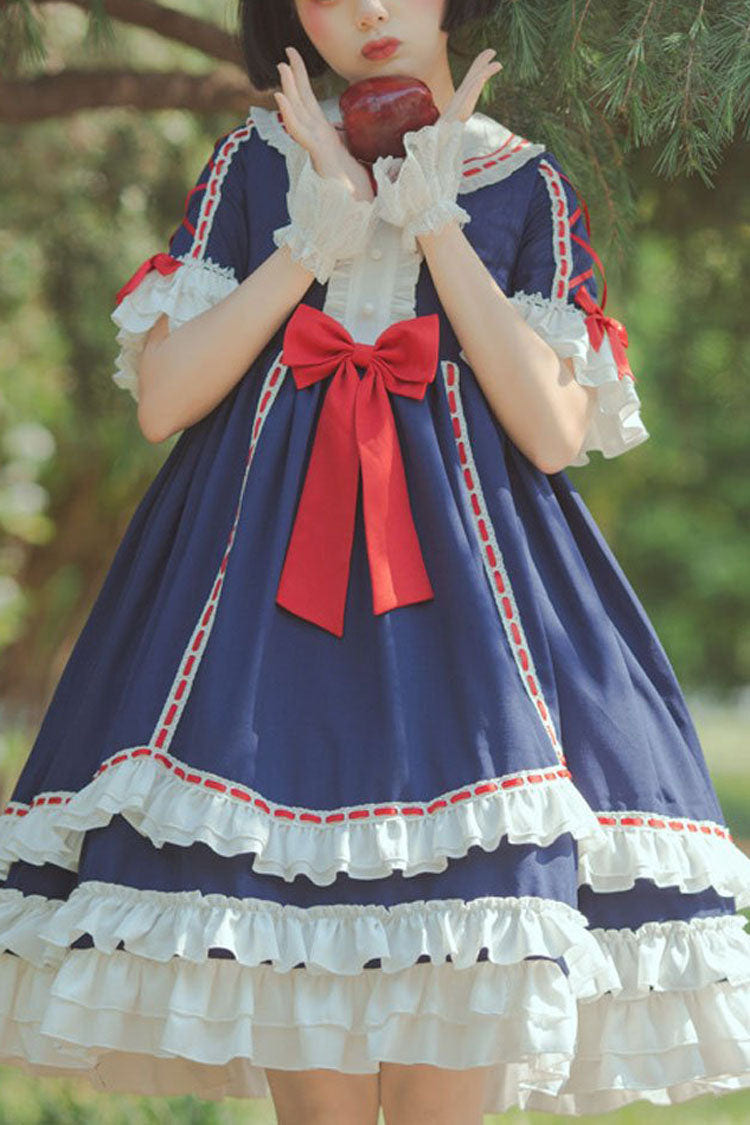 Dark Blue Short Sleeves Hime Sleeves Bowknot Multi-Layer Classic Lolita Jsk Dress - blue - 1